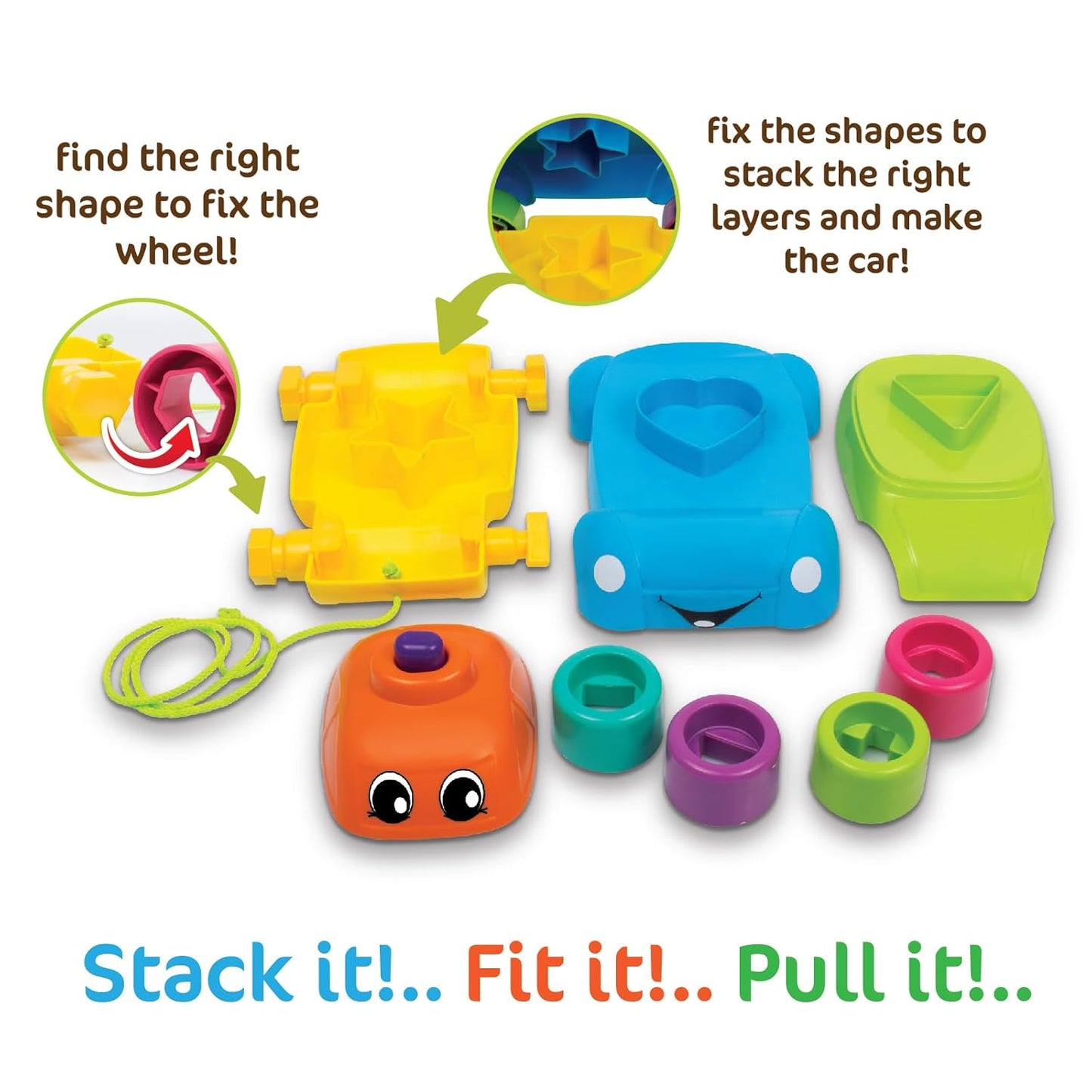 Giggles - Stack A Car, 2 in 1 Pull Along Toy, Walking, Shape Sorting, Pretend Play, 12 Months & Above, Infant and Preschool Toys, Multicolour