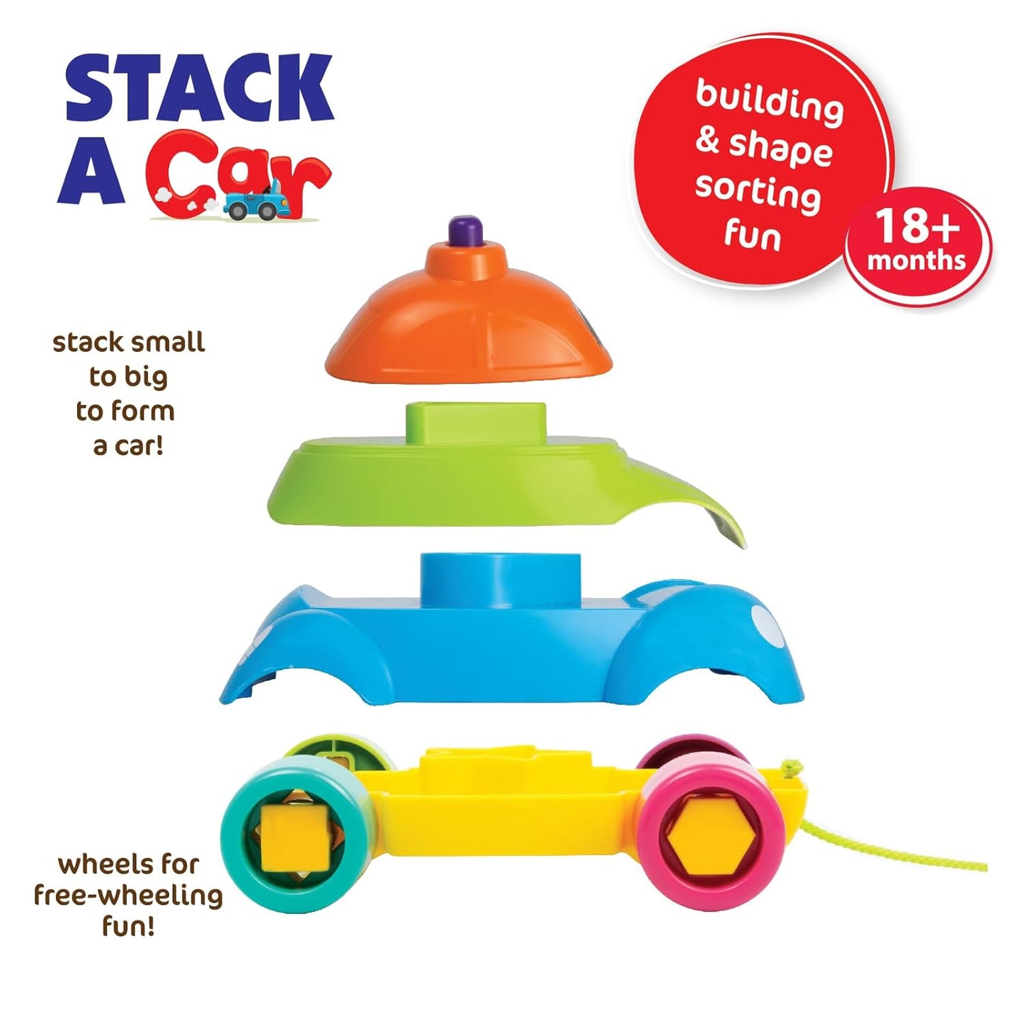 Giggles - Stack A Car, 2 in 1 Pull Along Toy, Walking, Shape Sorting, Pretend Play, 12 Months & Above, Infant and Preschool Toys, Multicolour