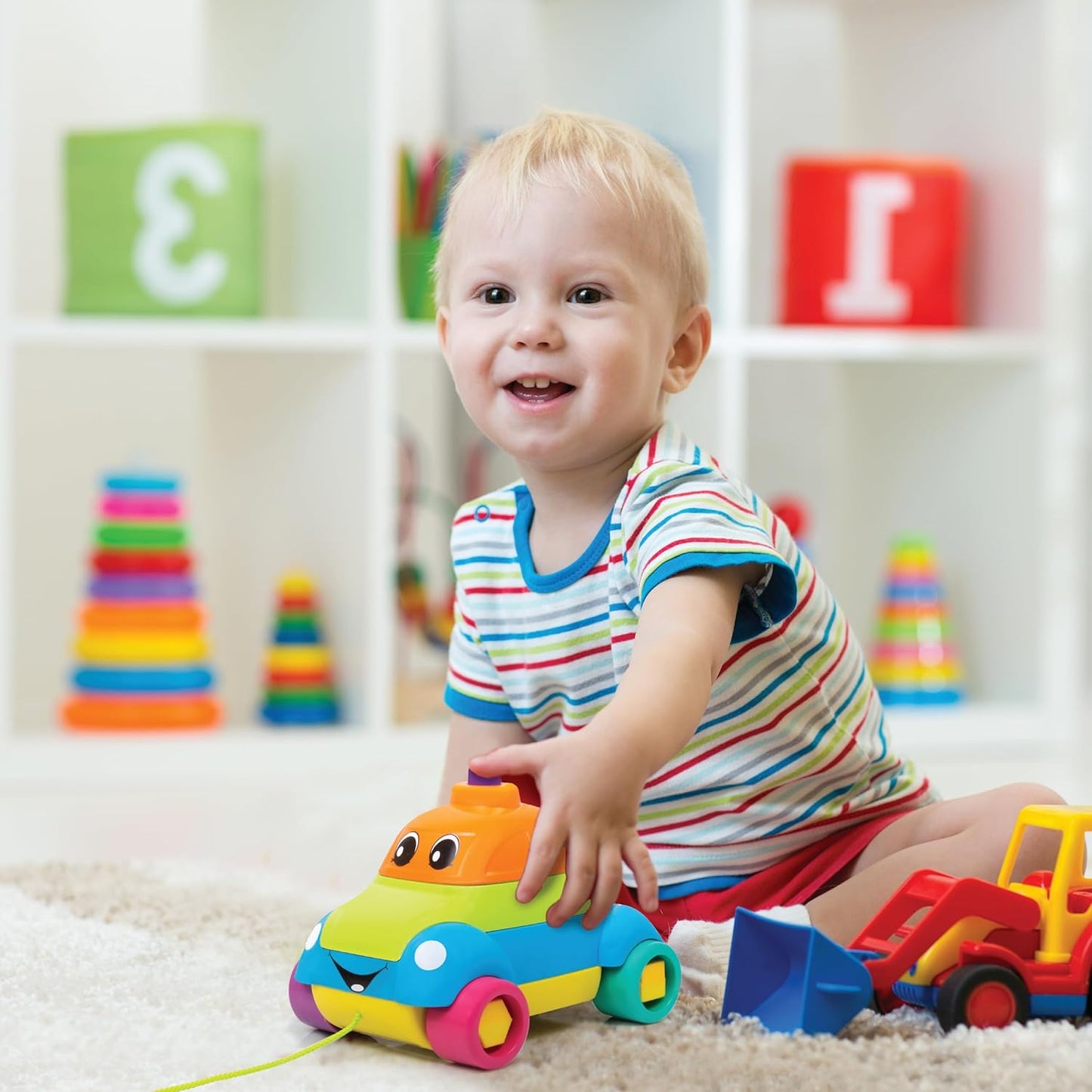 Giggles - Stack A Car, 2 in 1 Pull Along Toy, Walking, Shape Sorting, Pretend Play, 12 Months & Above, Infant and Preschool Toys, Multicolour