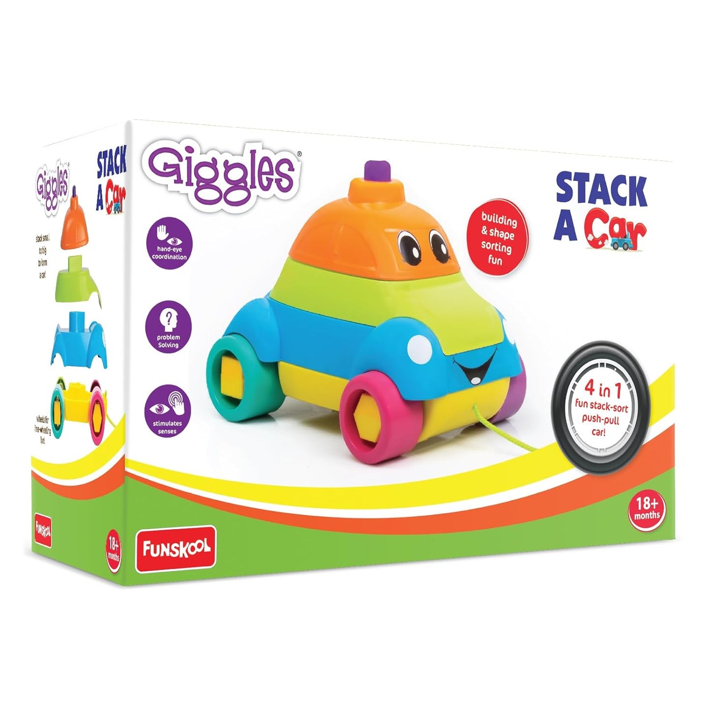 Giggles - Stack A Car, 2 in 1 Pull Along Toy, Walking, Shape Sorting, Pretend Play, 12 Months & Above, Infant and Preschool Toys, Multicolour