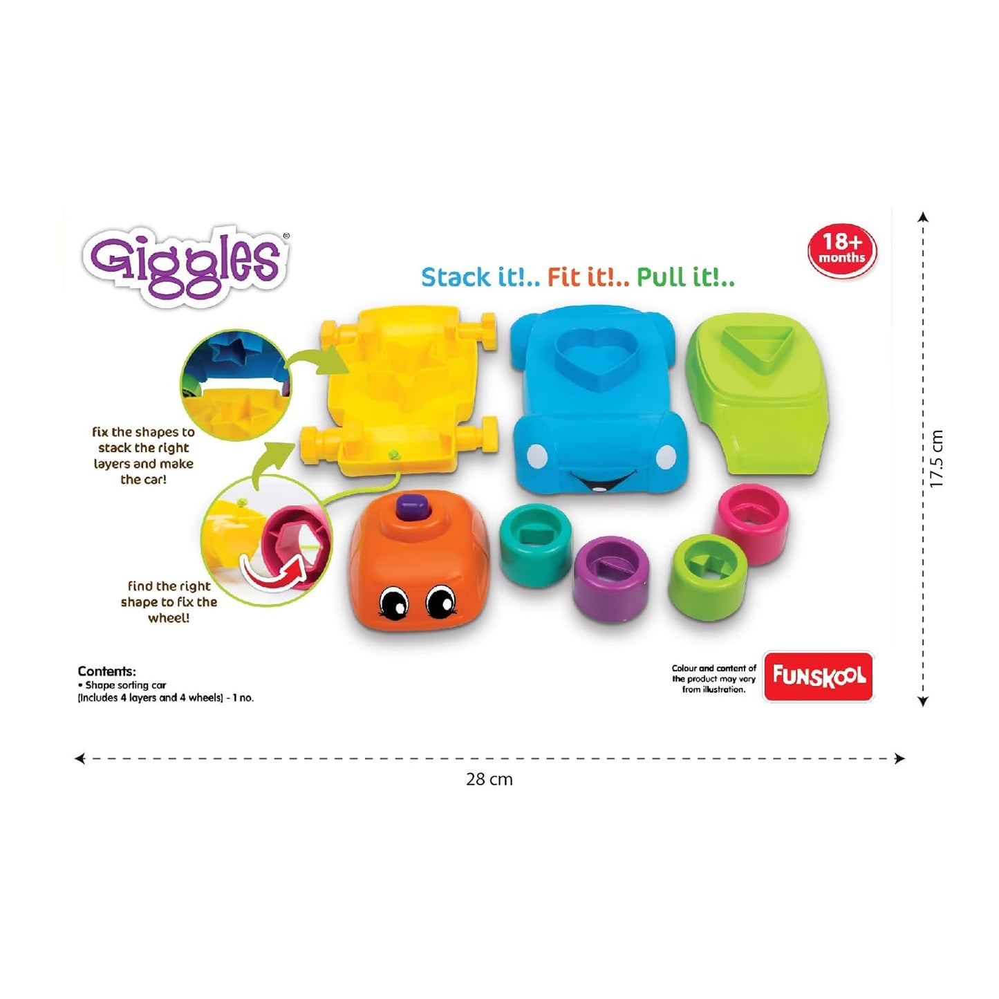 Giggles - Stack A Car, 2 in 1 Pull Along Toy, Walking, Shape Sorting, Pretend Play, 12 Months & Above, Infant and Preschool Toys, Multicolour