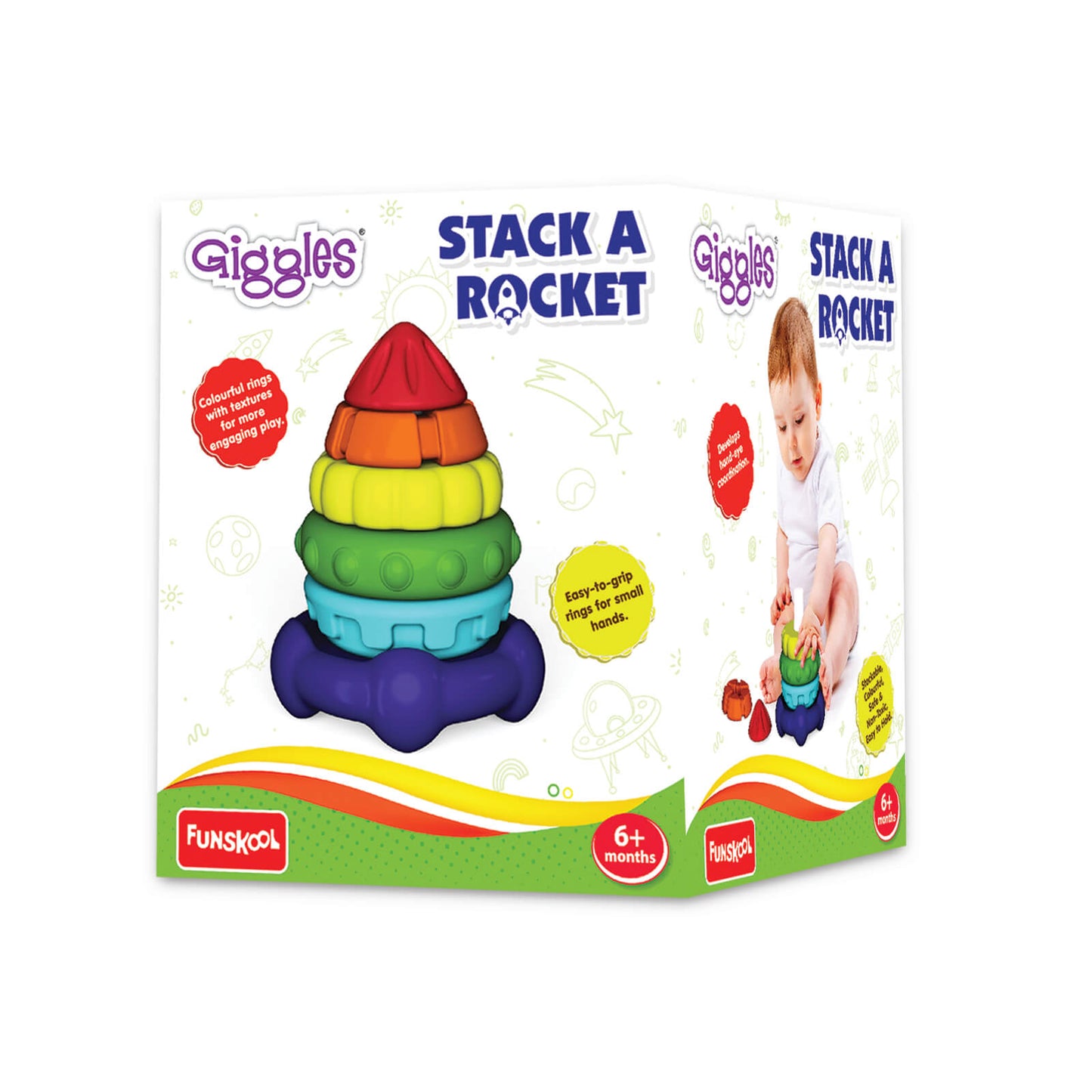 Giggles Funskool Stack A Rocket, Nesting & Stackable Textured Toy for Kids, Encourages Learning & Development, Fun Activity for Babies, Gift Set for Kid, Age 6+ Months