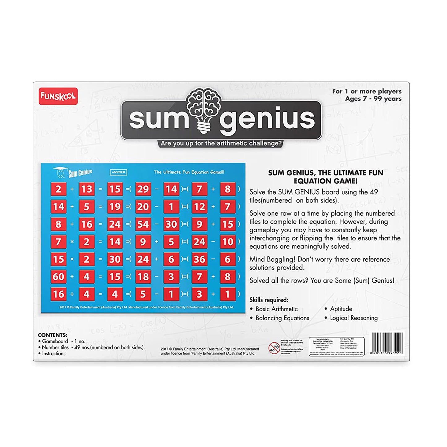 Funskool Sum Genius, Strategy Game, Board Game for Kids, Adults, Families, Educational, Fun, 1+ Players, Family Fun, Learning Activity Toy for Childrens, Gift Set for Kid, Ages 7+ Years