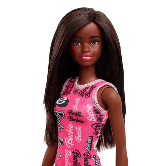 Barbie Fashion Doll with Straight Black Hair Wearing Removable Pink Tank Dress with Logo Print & Shoes