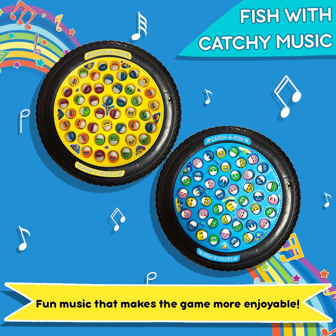 Wembley Fishing Game Rechargeable Rotating Board 45 Fishes with Big Round Pond & 4 Catching Sticks Toys for Kids Toddlers Age 3 4 5 6 7 8 for 1-4 Players - Multicolor