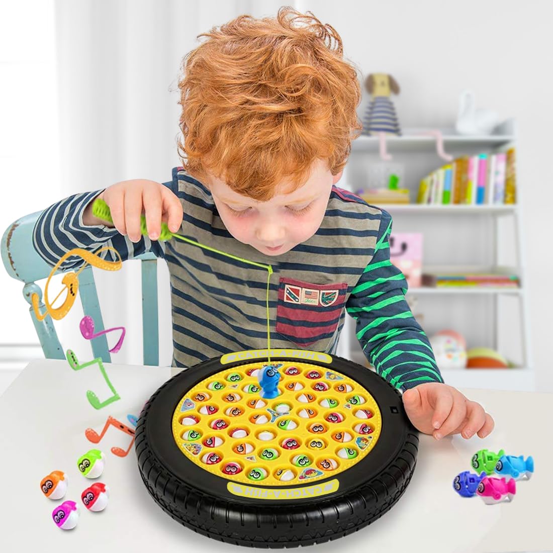 Wembley Fishing Game Rechargeable Rotating Board 45 Fishes with Big Round Pond & 4 Catching Sticks Toys for Kids Toddlers Age 3 4 5 6 7 8 for 1-4 Players - Multicolor