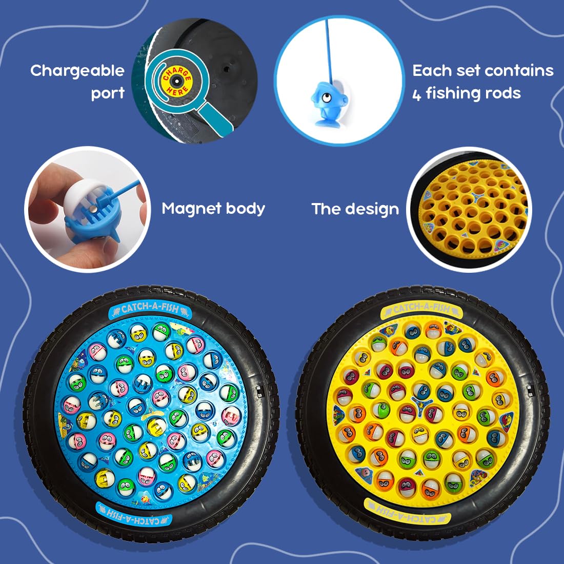 Wembley Fishing Game Rechargeable Rotating Board 45 Fishes with Big Round Pond & 4 Catching Sticks Toys for Kids Toddlers Age 3 4 5 6 7 8 for 1-4 Players - Multicolor