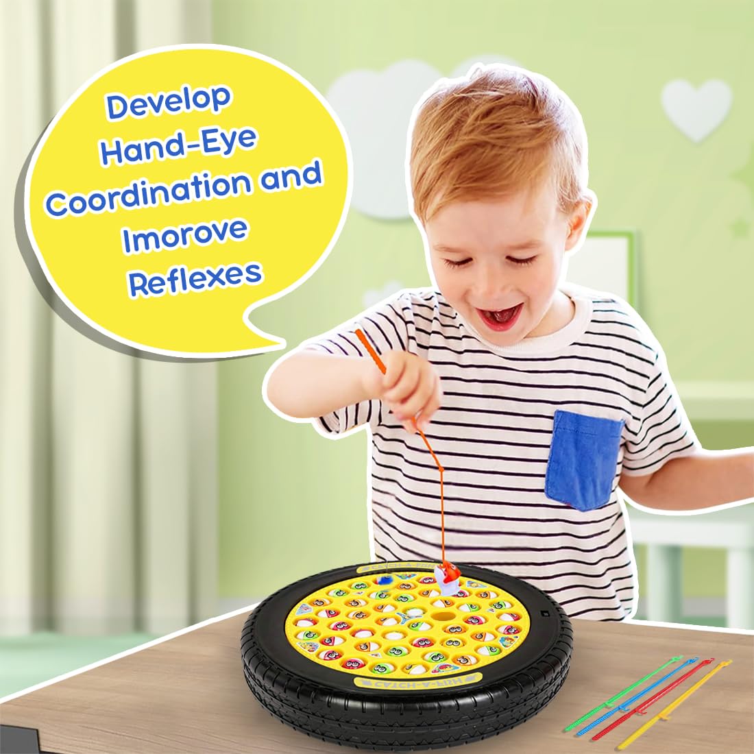 Wembley Fishing Game Rechargeable Rotating Board 45 Fishes with Big Round Pond & 4 Catching Sticks Toys for Kids Toddlers Age 3 4 5 6 7 8 for 1-4 Players - Multicolor