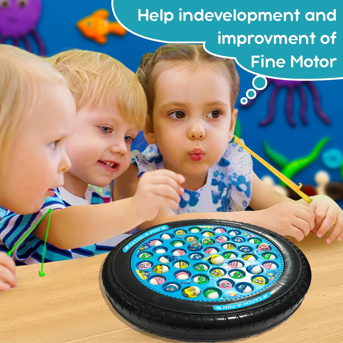 Wembley Fishing Game Rechargeable Rotating Board 45 Fishes with Big Round Pond & 4 Catching Sticks Toys for Kids Toddlers Age 3 4 5 6 7 8 for 1-4 Players - Multicolor