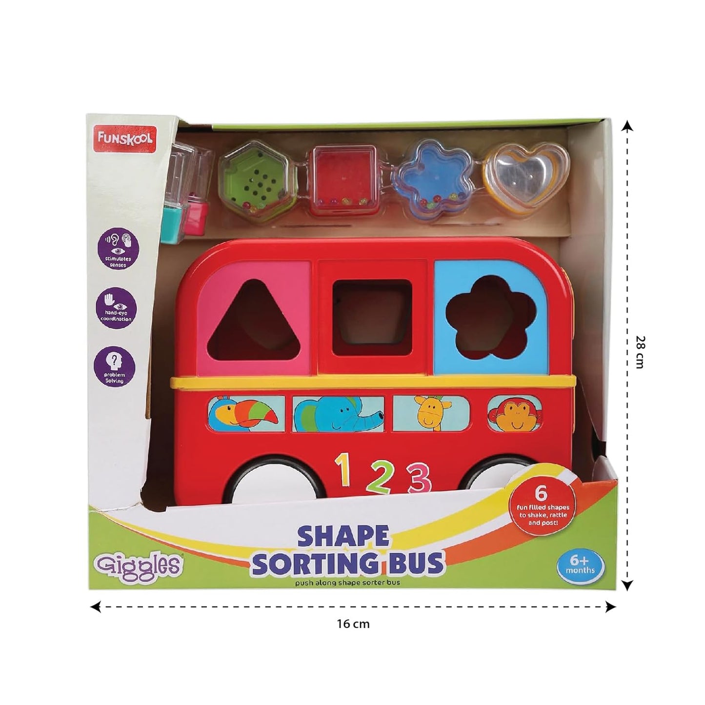 Giggles Funskool Shape Sorting Bus, Educational Push Along Toys for Kids, Encourages Learning & Development, Fun Activity for Babies, Gift Set for Kid, Age 6+ Months