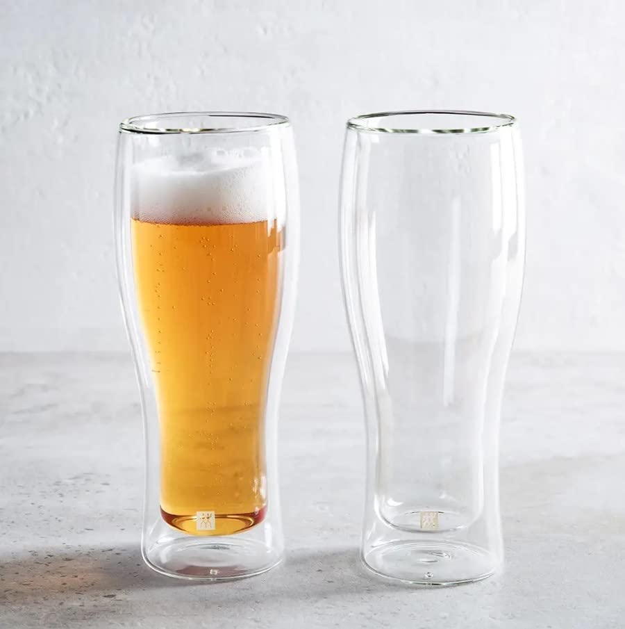 VISMII Beer Glasses, Clear Double Wall Insulated Pub Mug, Upside Down Design, Holds One Full Beer Bottle, Freezable Glass for Beer Lovers, 420 ml Capacity, Set of 2 (Clear)
