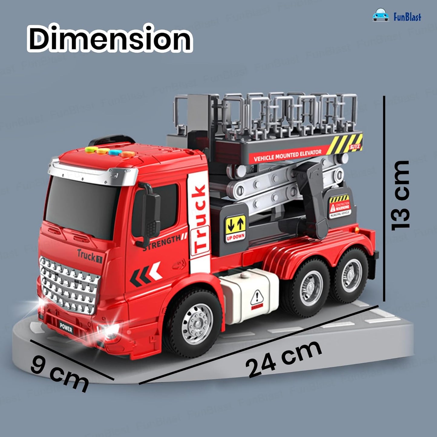 FunBlast Elevator Crane Toy for Kids – Friction Powered Construction Crane Toy with Light & Sound, Up & Down Elevator Lift Function, Heavy Vehicle Toys for Boys & Girls Age 3+ Years (Red)