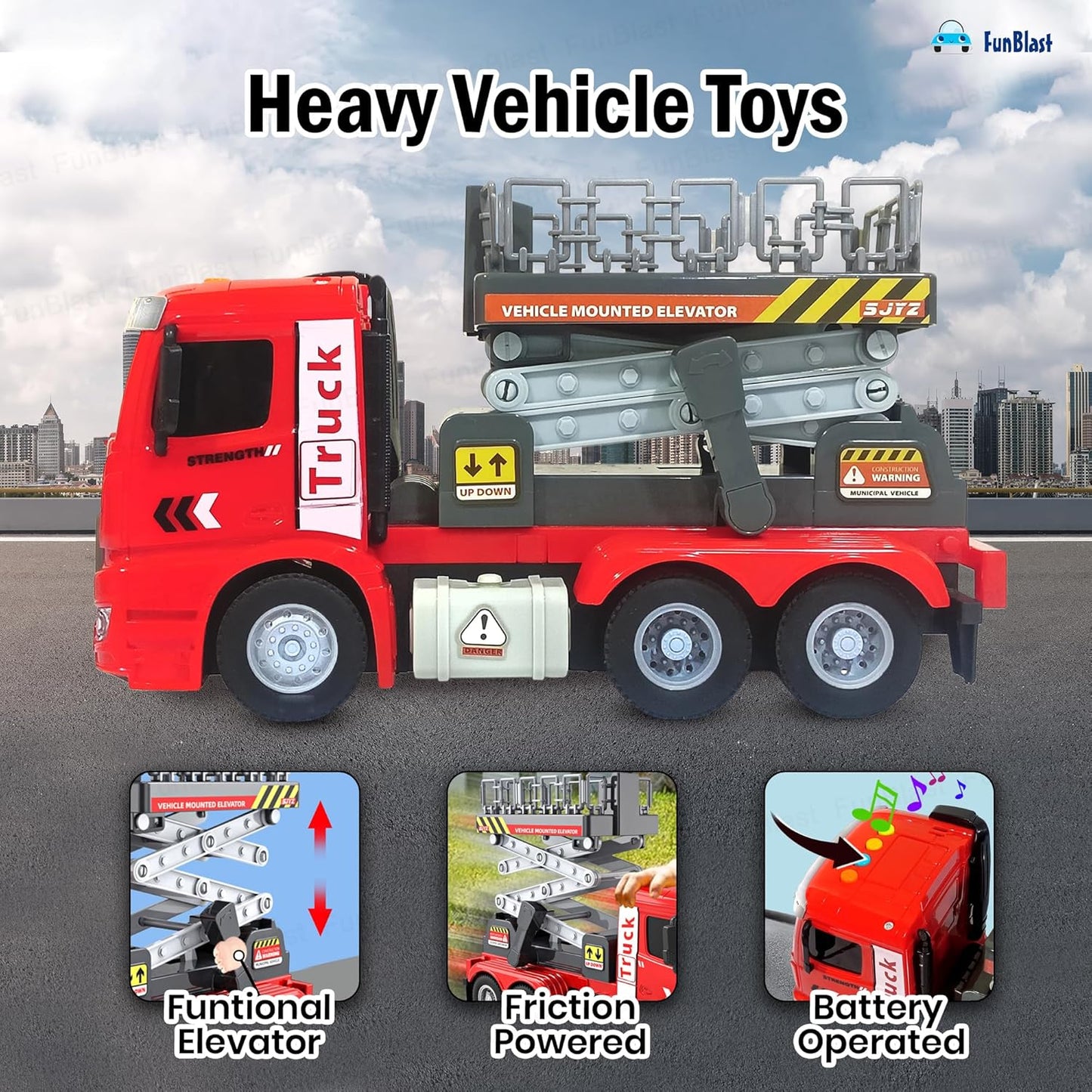 FunBlast Elevator Crane Toy for Kids – Friction Powered Construction Crane Toy with Light & Sound, Up & Down Elevator Lift Function, Heavy Vehicle Toys for Boys & Girls Age 3+ Years (Red)