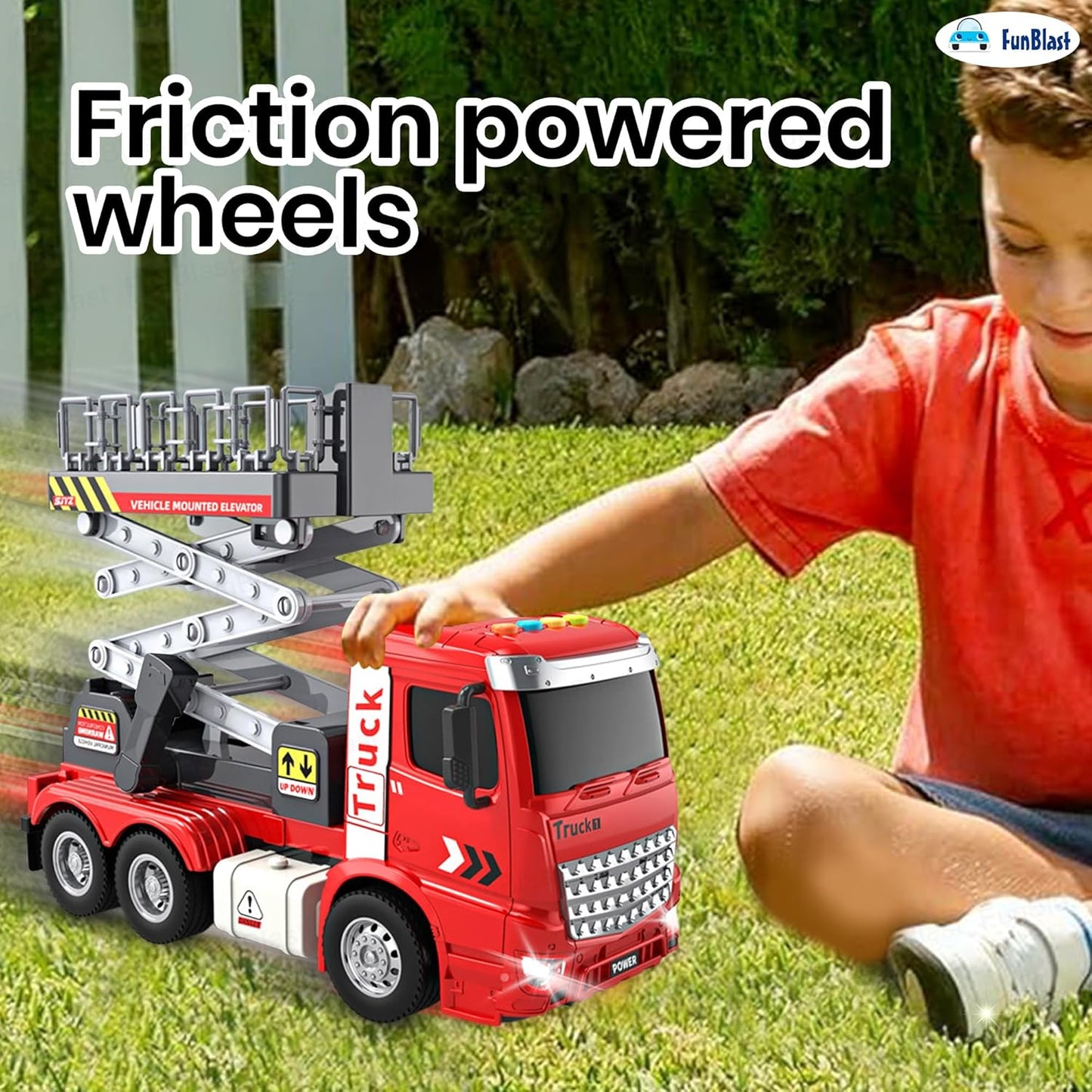 FunBlast Elevator Crane Toy for Kids – Friction Powered Construction Crane Toy with Light & Sound, Up & Down Elevator Lift Function, Heavy Vehicle Toys for Boys & Girls Age 3+ Years (Red)