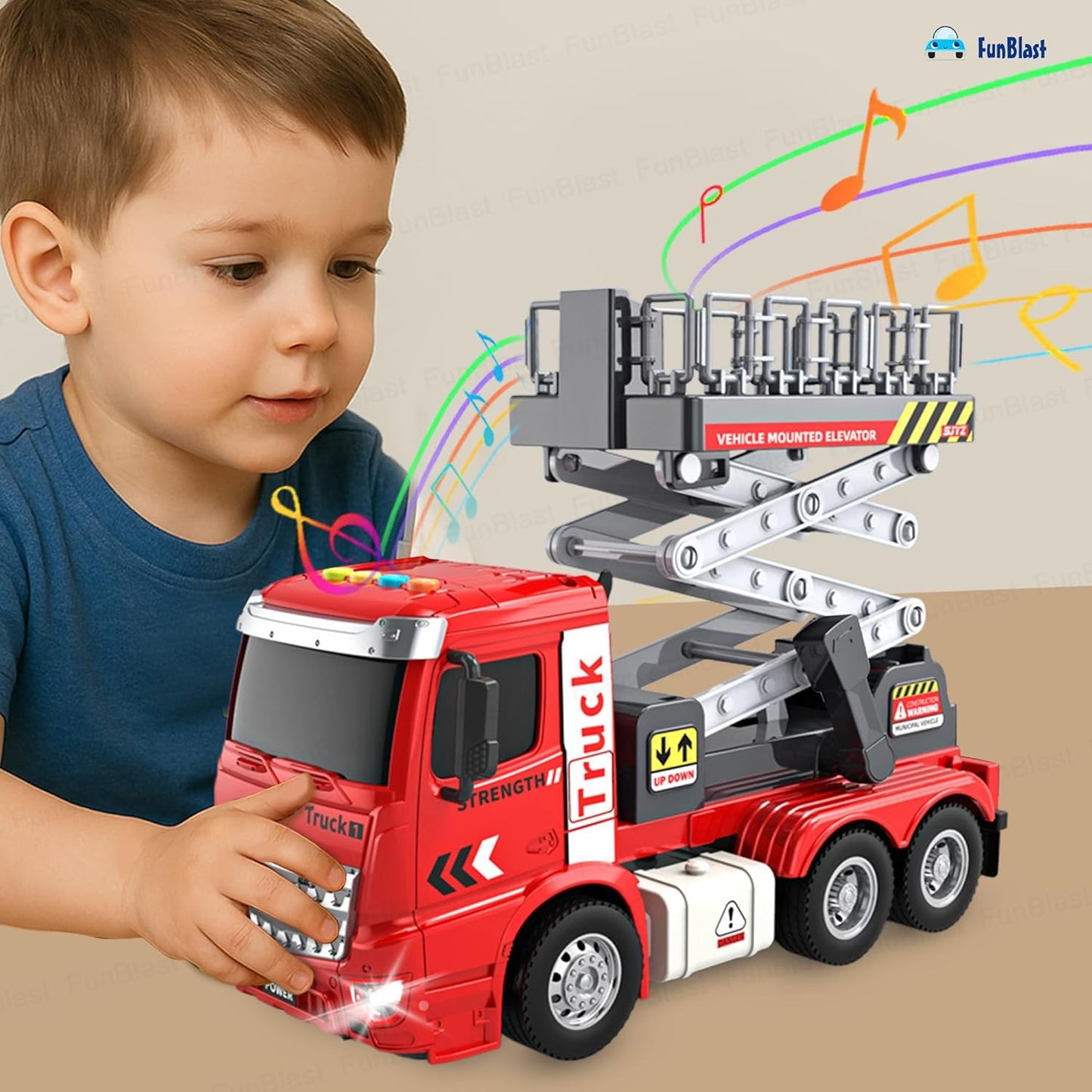 FunBlast Elevator Crane Toy for Kids – Friction Powered Construction Crane Toy with Light & Sound, Up & Down Elevator Lift Function, Heavy Vehicle Toys for Boys & Girls Age 3+ Years (Red)