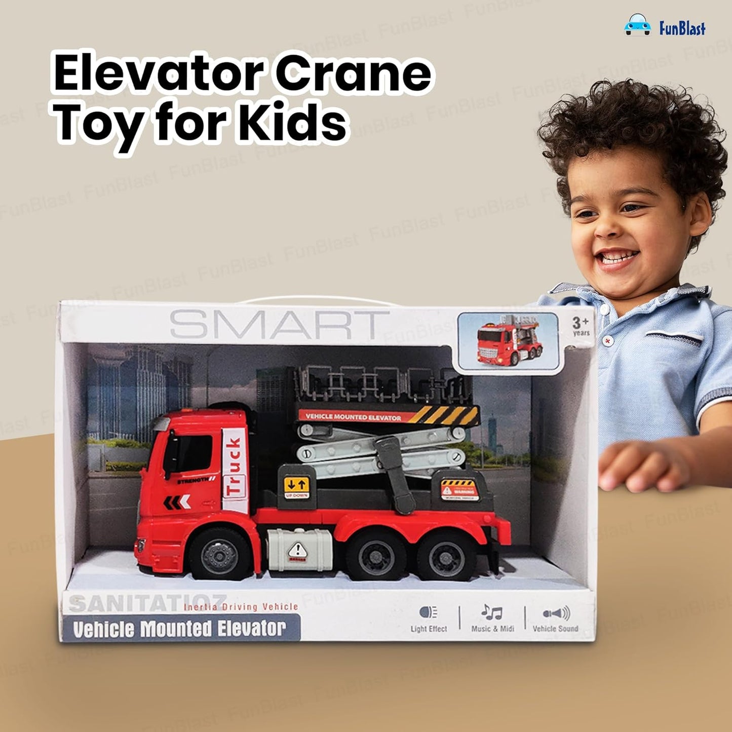 FunBlast Elevator Crane Toy for Kids – Friction Powered Construction Crane Toy with Light & Sound, Up & Down Elevator Lift Function, Heavy Vehicle Toys for Boys & Girls Age 3+ Years (Red)