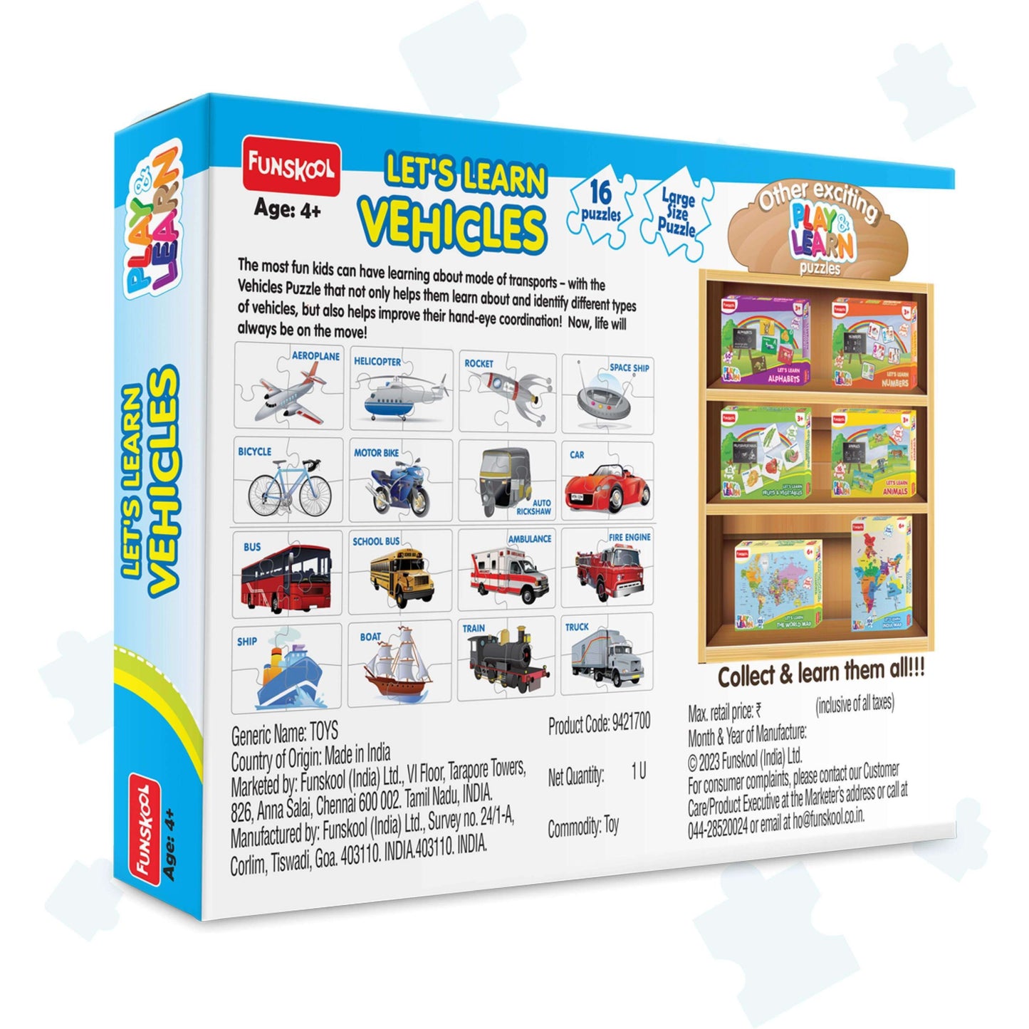 Play & Learn Funskool Vehicles Jigsaw Puzzle Game for Kids, 16x4 Pieces, Educational, Learning & Development, Fun Activity Toy for Childrens, Gift Set for Kid, Age 3+ Years