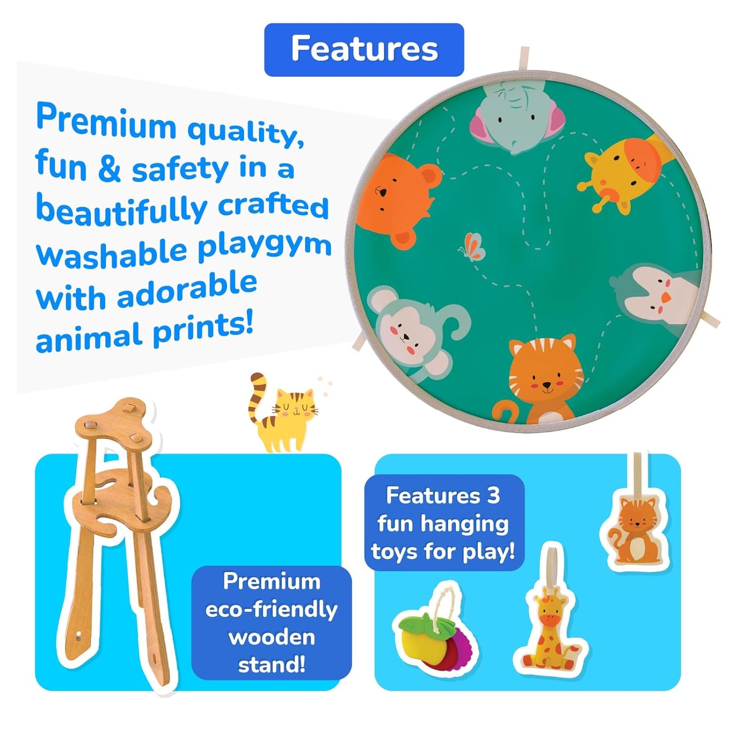 Giggles Funskool Wooden Wonderland Playgym, Animal Printed Soft & Comfy Activity Mat for Tummy Time, Fun & Development Toy for Babies, Multicolor, Gift Set for Kids, Age 2+ Months