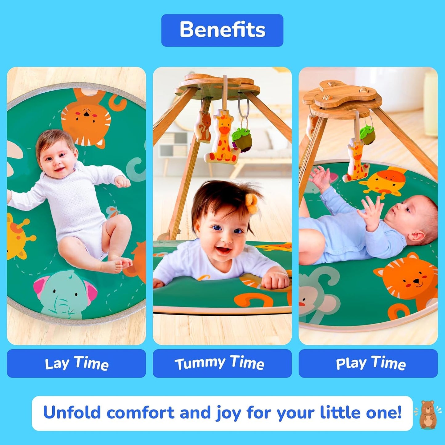 Giggles Funskool Wooden Wonderland Playgym, Animal Printed Soft & Comfy Activity Mat for Tummy Time, Fun & Development Toy for Babies, Multicolor, Gift Set for Kids, Age 2+ Months