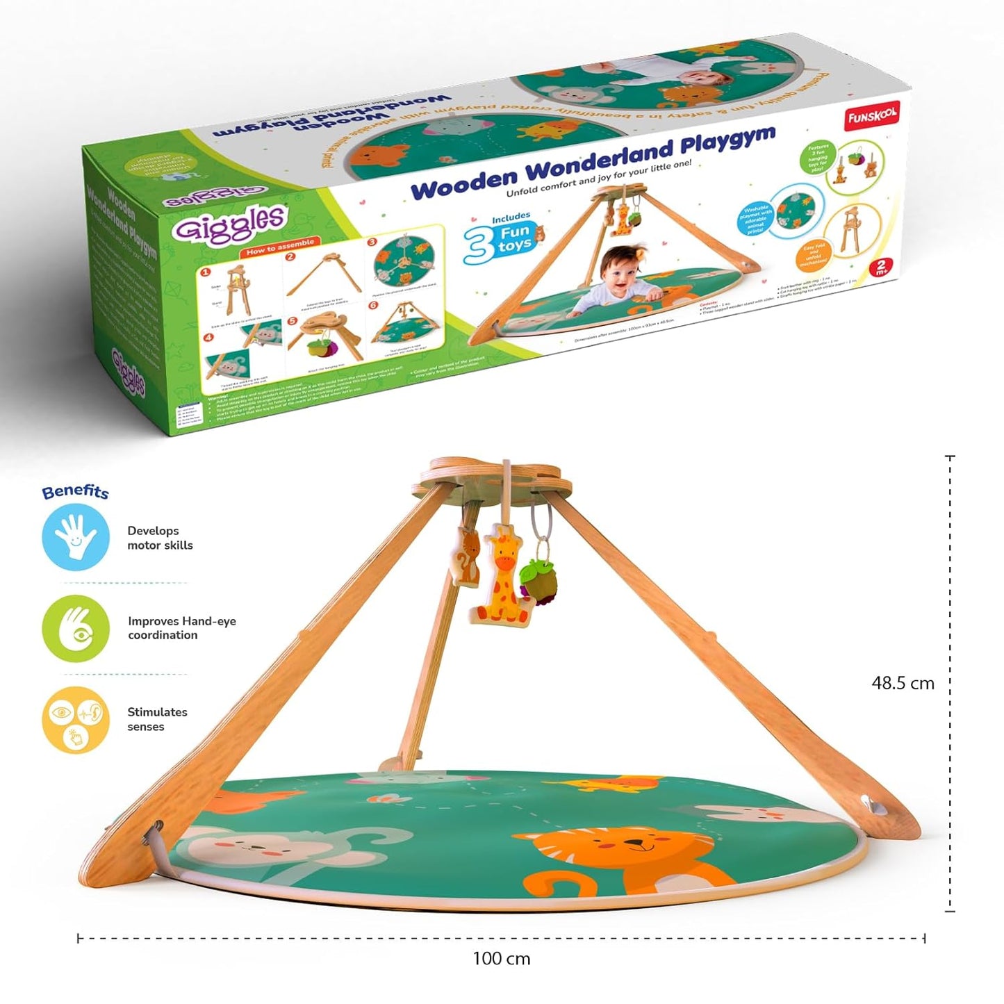 Giggles Funskool Wooden Wonderland Playgym, Animal Printed Soft & Comfy Activity Mat for Tummy Time, Fun & Development Toy for Babies, Multicolor, Gift Set for Kids, Age 2+ Months