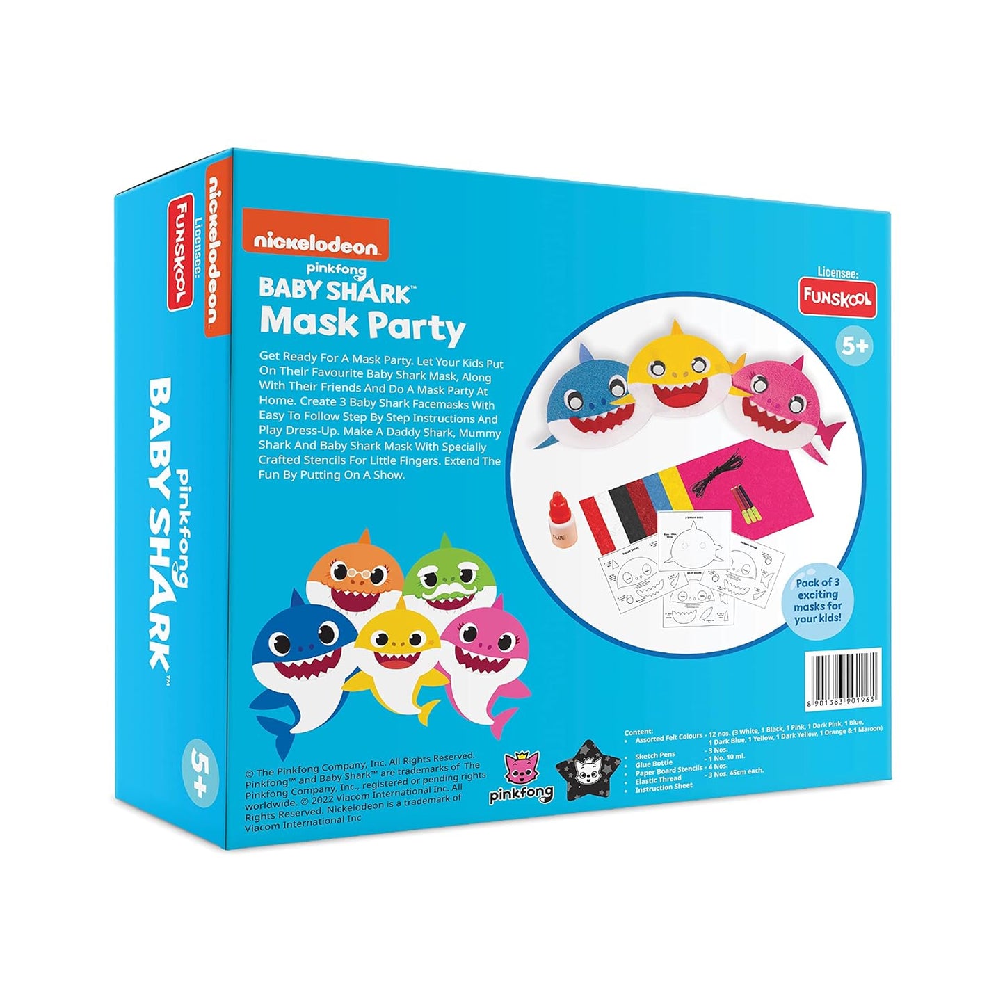 Funskool Handy Crafts Baby Shark Mask Party for Toy Birthday Themed Party , Make 3 Soft Masks for Boys & Girls Aged 5 Years +