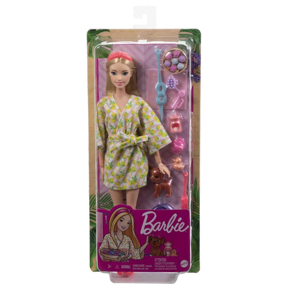 Barbie Doll, Kids Toys, Blonde Doll with Pet Puppy, Sets, Spa Day, Lemon Print Bathrobe, Headband and Eye Mask, Self-Care Series