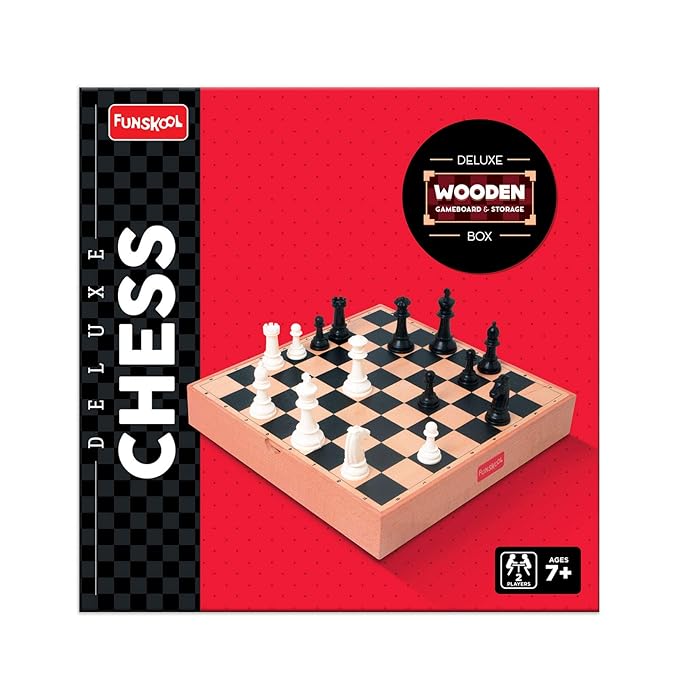 Funskool Games, Deluxe Chess, Wooden Set, War & Strategy, Family Games, Strategy Board Games, Toys for Kids, Wooden Board with Storage Box, Adults & Family, 2 Players, Ages 7 and Above, Multicolour