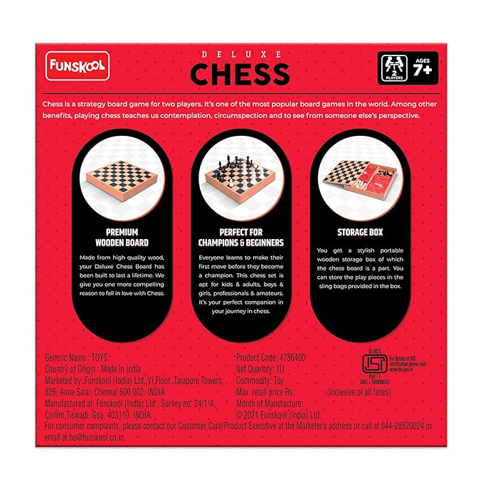 Funskool Games, Deluxe Chess, Wooden Set, War & Strategy, Family Games, Strategy Board Games, Toys for Kids, Wooden Board with Storage Box, Adults & Family, 2 Players, Ages 7 and Above, Multicolour