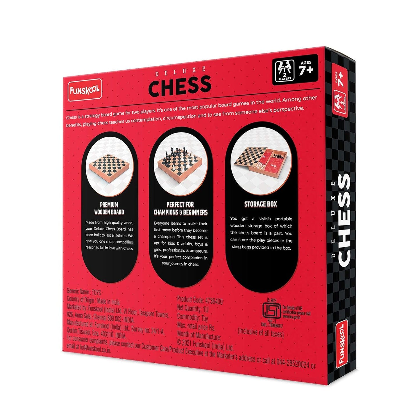 Funskool Games, Deluxe Chess, Wooden Set, War & Strategy, Family Games, Strategy Board Games, Toys for Kids, Wooden Board with Storage Box, Adults & Family, 2 Players, Ages 7 and Above, Multicolour