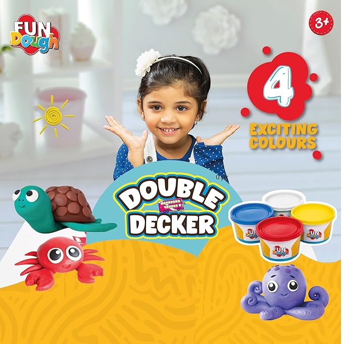 Funskool Fundough Double Decker, 4 tubs of Dough, 75 grams each, Toys for Kids, Shaping, Sculpting, 3 Years and Above, Multicolour
