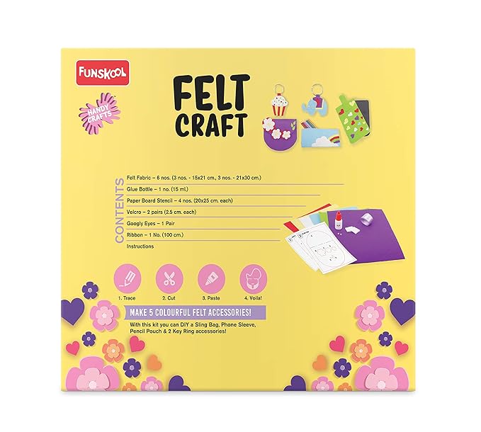 Funskool Handycrafts Felt Craft, Make Bags, Phone Sleeve, Pencil Pouch, Keyrings, Art and Craft Kit, Ages 5 Years and Above, Multicolour