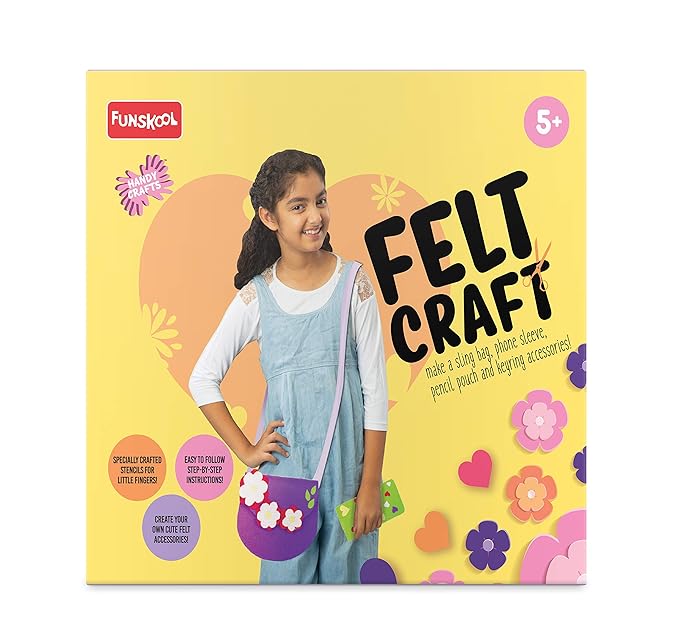 Funskool Handycrafts Felt Craft, Make Bags, Phone Sleeve, Pencil Pouch, Keyrings, Art and Craft Kit, Ages 5 Years and Above, Multicolour