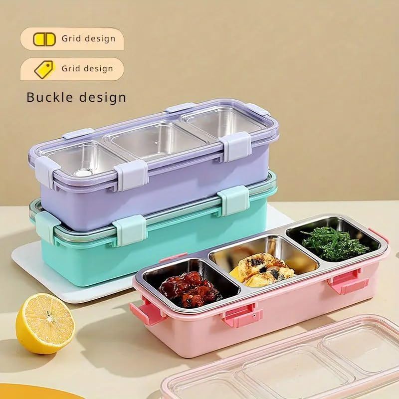 Grab Smart Stainless Steel Bento Lunch Box with Multiple Compartments Leak-Proof Seal Manual Operation Includes Utensil Alphabet Design Ideal for Student Office Workers Dishwasher Safe (1 pcs)