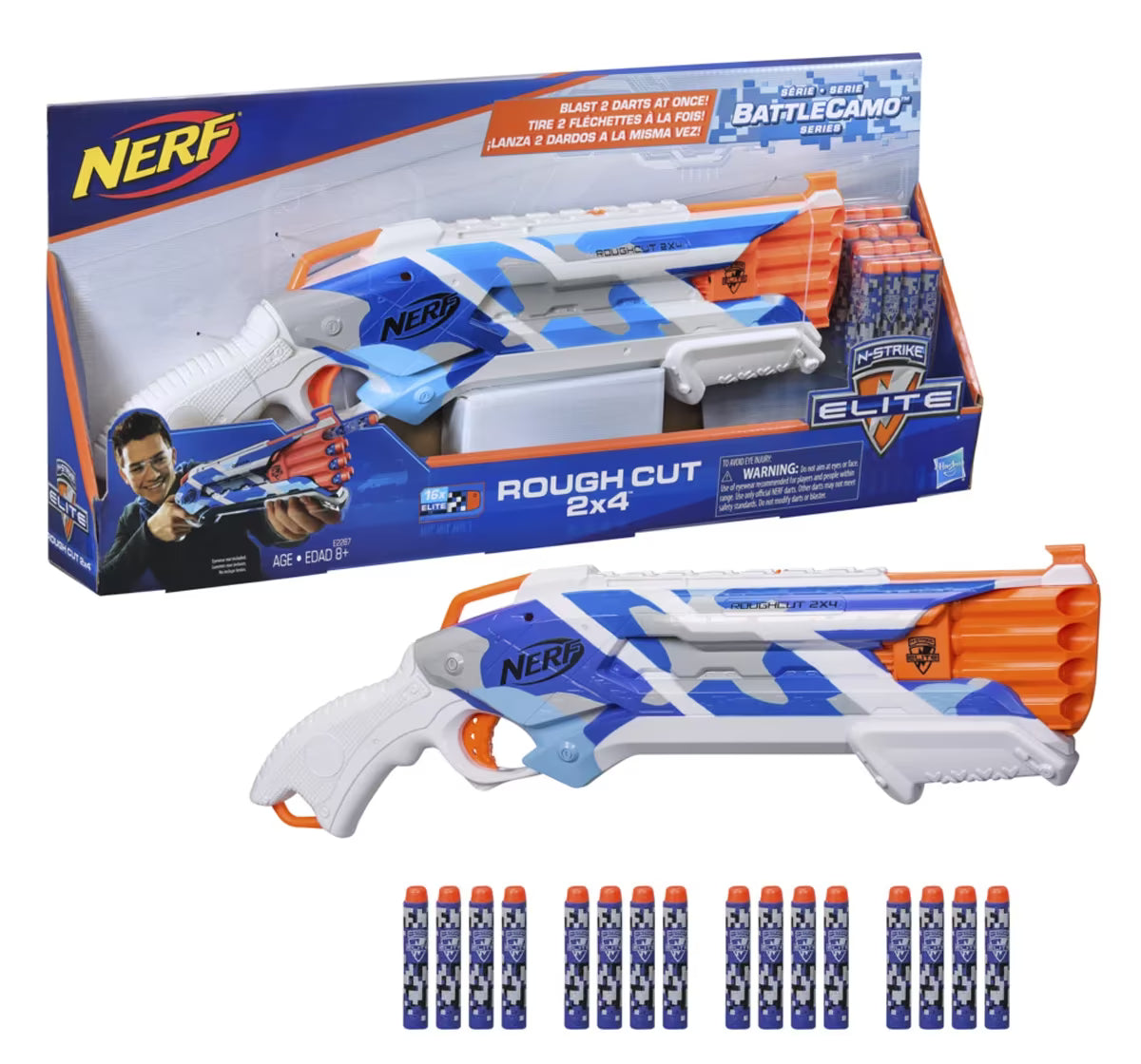 Nerf N-Strike Elite Rough Cut 2x4 Battle Camo Series Dart Blaster, 16 Battle Camo Series Darts, Slam Fire, 8Y+