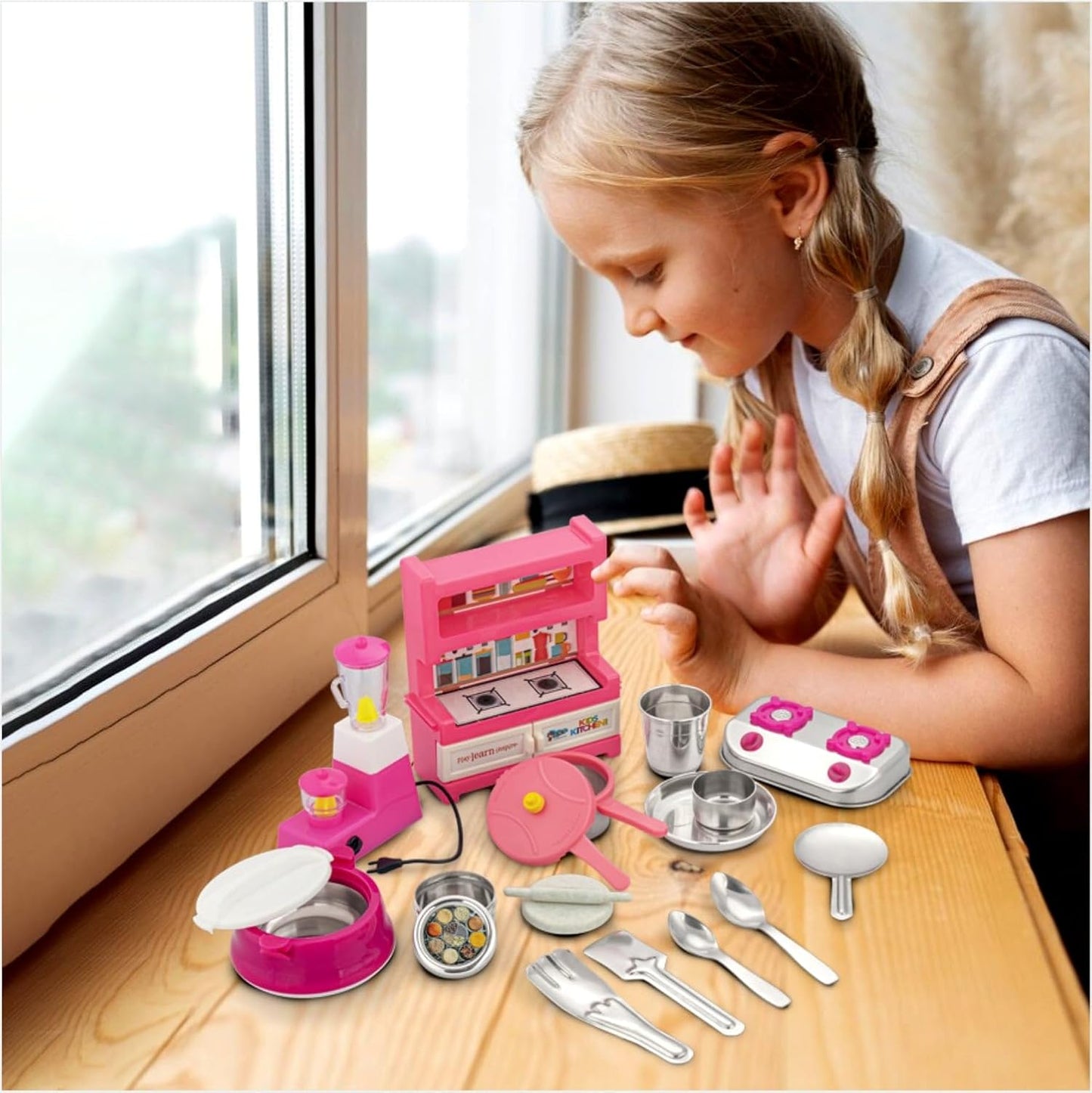 Sunny India Today Kitchen Set for Kids 3Y+ | Pretend Play Cooking Set with Popular Stainless Steel Utensils|Pink