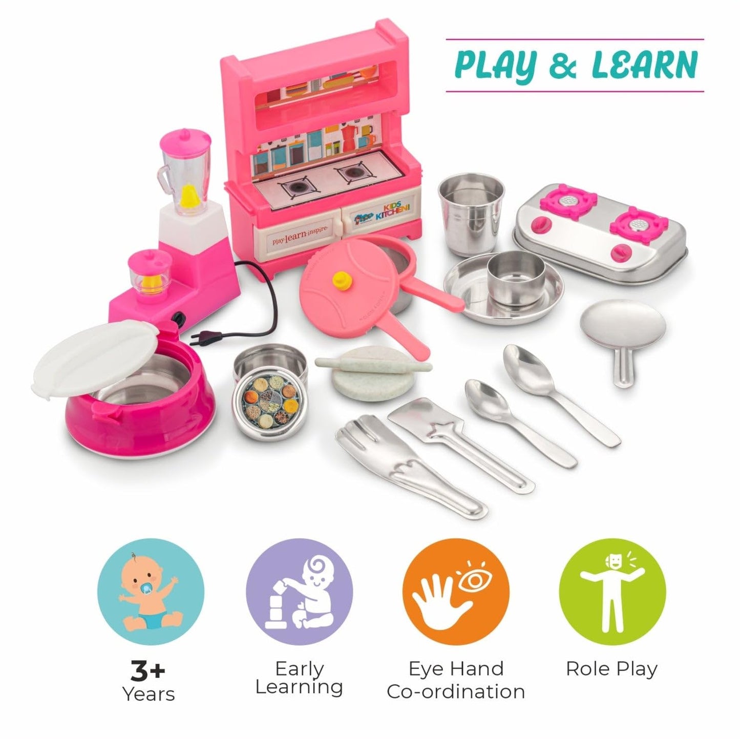 Sunny India Today Kitchen Set for Kids 3Y+ | Pretend Play Cooking Set with Popular Stainless Steel Utensils|Pink