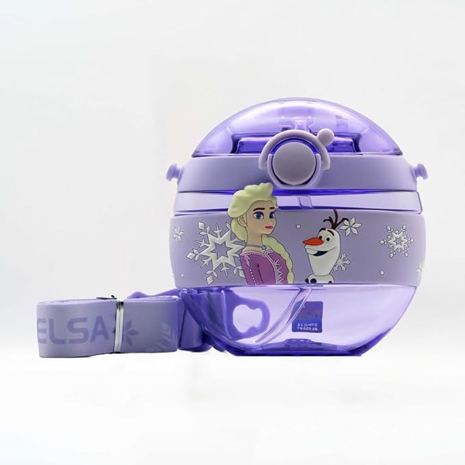 Round Leakproof Kid’s Cartoon Water Bottle with Ribbon Strap and Silicone Straw Lid | 420 ML | WB59