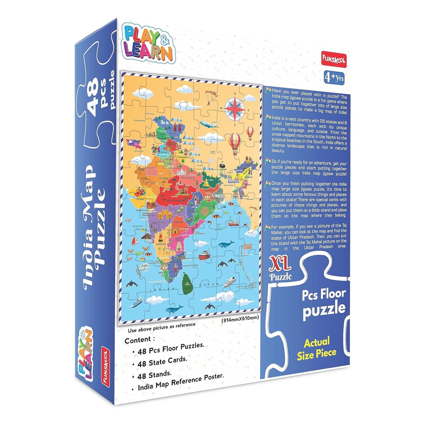 Funskool - Play & Learn -India Map 3 Feet Large Size,Educational,48 Pieces,Puzzle,for 3 Year Old Kids and Above,Toy