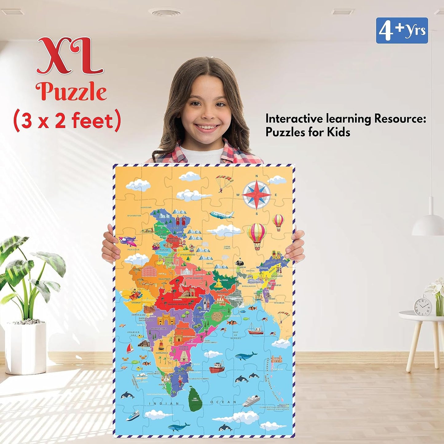 Funskool - Play & Learn -India Map 3 Feet Large Size,Educational,48 Pieces,Puzzle,for 3 Year Old Kids and Above,Toy