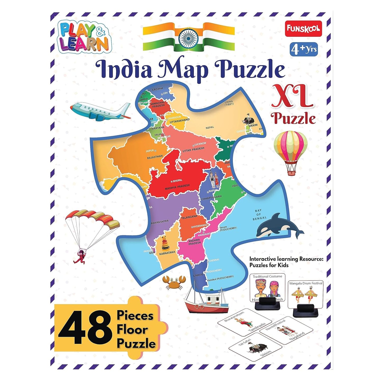 Funskool - Play & Learn -India Map 3 Feet Large Size,Educational,48 Pieces,Puzzle,for 3 Year Old Kids and Above,Toy