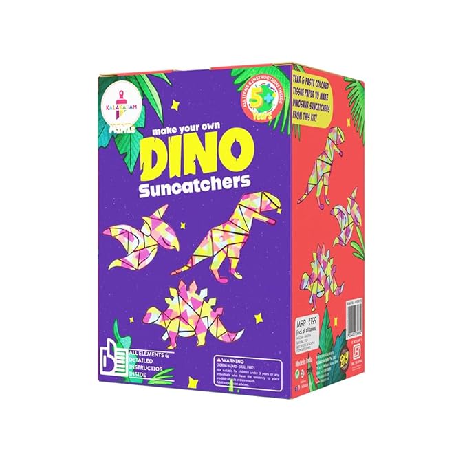 Kalakaram Mini DIY Dinosaur Suncatcher Making Craft Kit | DIY on The go | Perfect for Gifting | Birthday Gifting | Return Gift for Parties | Kids Aged 4,5,6,7