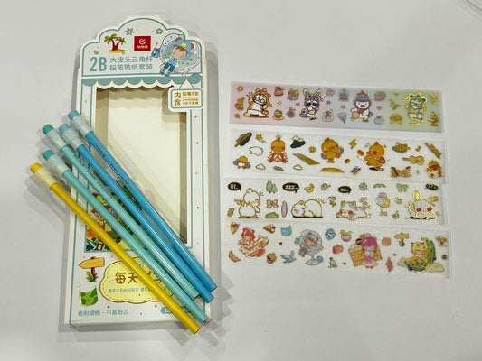 Kawaii Stationery Set with 5 Pencils and 4 Decorative Washi Tape Strips, Blue and Mint (Blue)
