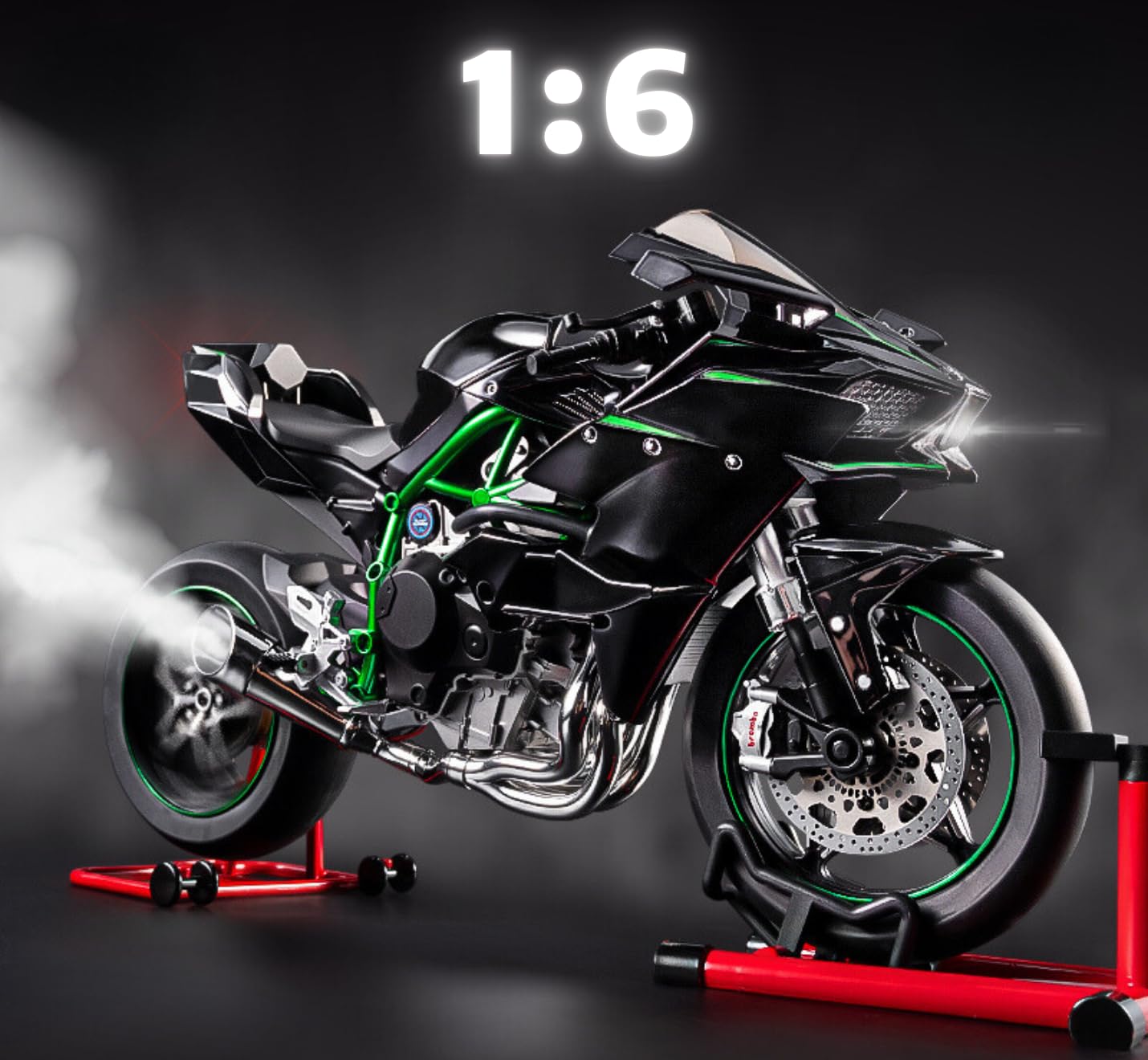 Metal Kawasaki Ninja H2R (1:6 Scale) Diecast Model Motorcycle Bike with Smoke, LED Lights & Engine Sound – Alloy Superbike Collectible Toy (XLG Edition), Black