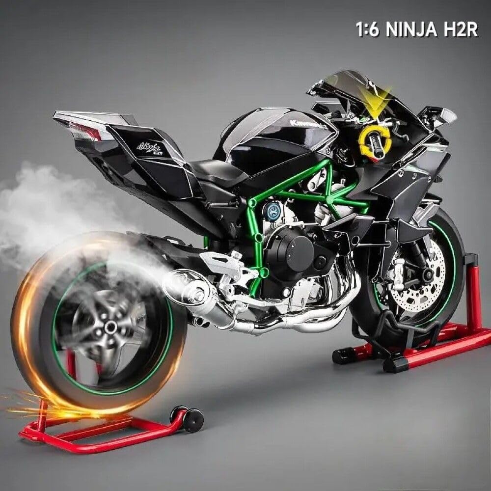 Metal Kawasaki Ninja H2R (1:6 Scale) Diecast Model Motorcycle Bike with Smoke, LED Lights & Engine Sound – Alloy Superbike Collectible Toy (XLG Edition), Black