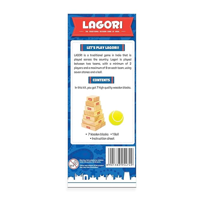 Funskool Games Lagori | The Traditional Outdoor Games of India | Classic Seven Stones Game | Premium Wood Blocks and Ball Included | Kids and Family | 2 Teams | 6 & Above (Multicolor)