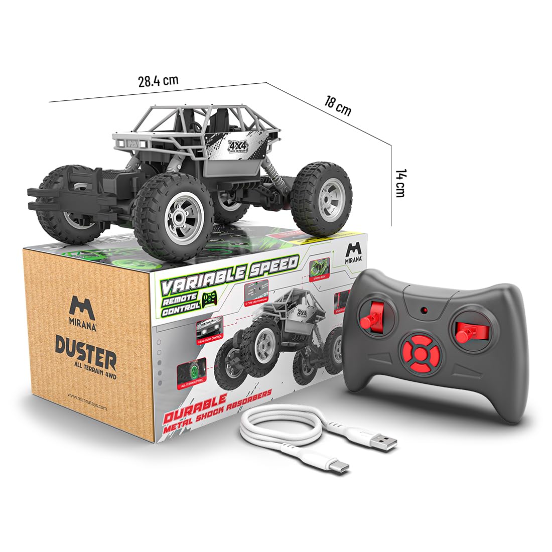 Mirana Duster 4WD 4x4 RC Car | High Speed ATV Remote Control Rock Crawler | C-Type USB Rechargeable Offroad Monster Truck | Spring Suspensions | Fun Outdoor Toy for Kids (4 Wheel Drive, Silver)