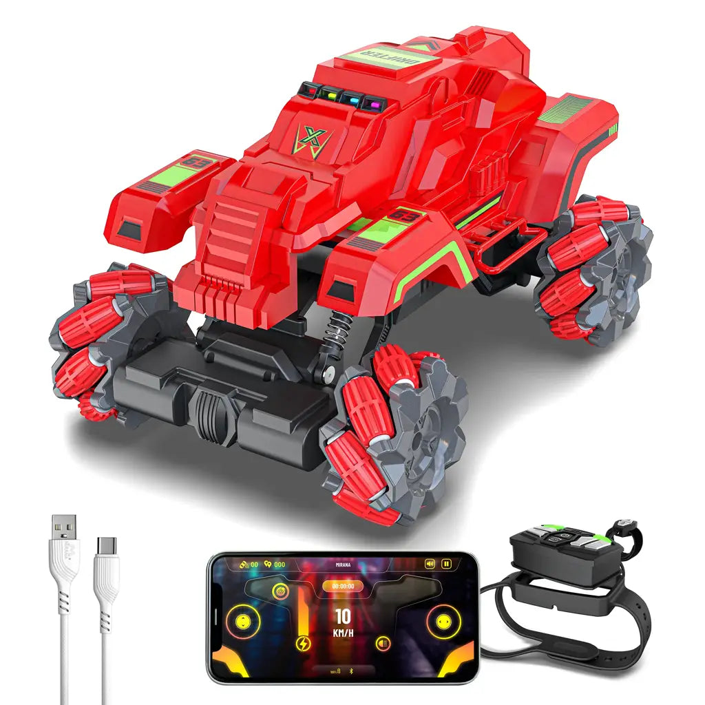 Mirana Watch Drifter 4WD 4x4 RC Car Toy for Kids - Gesture Remote & App Controlled High Speed Vehicle - 360° Rotation Monster Truck - Type-C USB Rechargeable - for Boys & Girls 3 to 10 Years (Red)