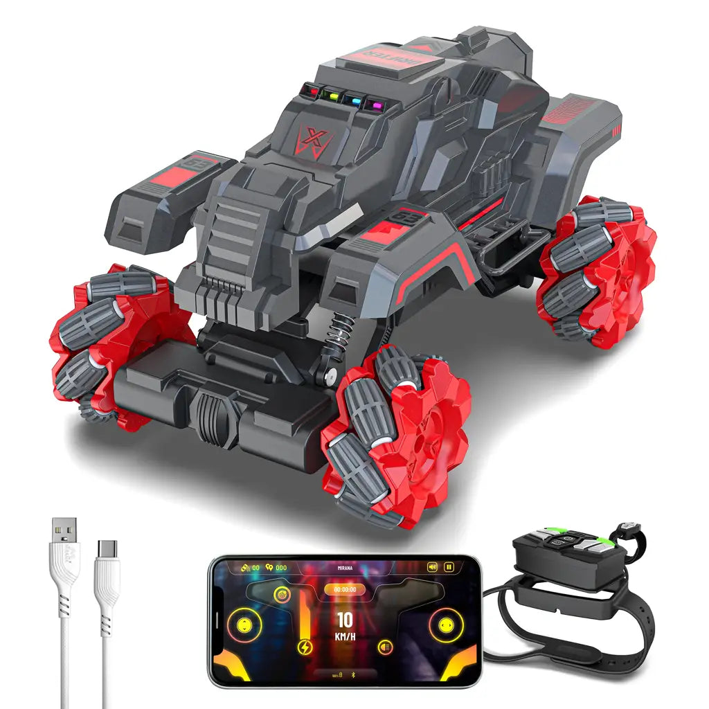Mirana Watch Drifter 4WD 4x4 RC Car Toy for Kids - Gesture Remote & App Controlled High Speed Vehicle - 360° Rotation Monster Truck - Type-C USB Rechargeable - for Boys & Girls 3 to 10 Years (Red)