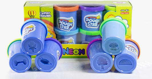 SKOODLE Dough Star Gala Pack 300gm, 5 Cutter Moulds & 6 Neon Shades of Non-Toxic Modelling Clay Dough for Kids, Creative Art & Craft Gift for Children 3 Years and Up