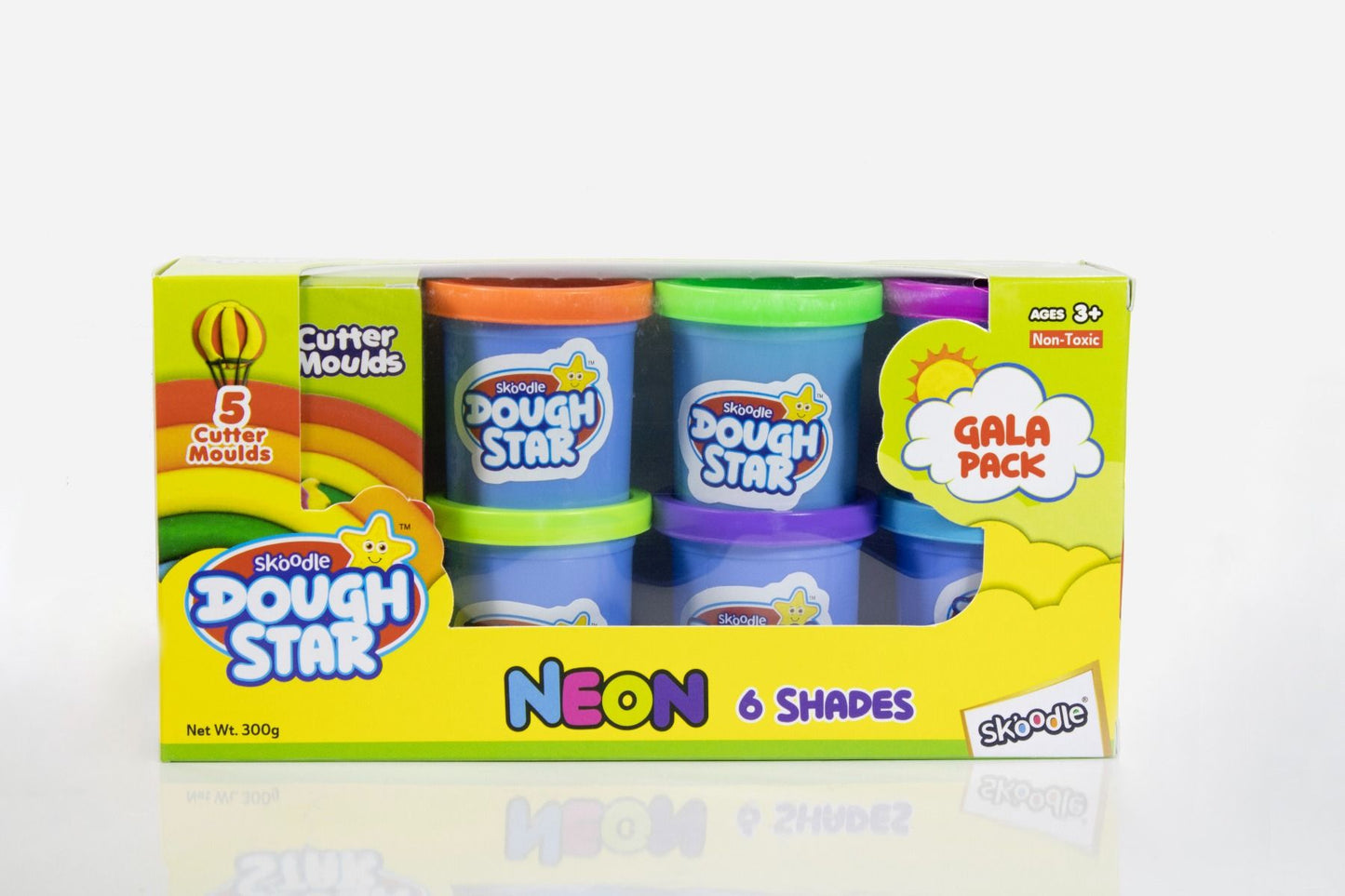 SKOODLE Dough Star Gala Pack 300gm, 5 Cutter Moulds & 6 Neon Shades of Non-Toxic Modelling Clay Dough for Kids, Creative Art & Craft Gift for Children 3 Years and Up